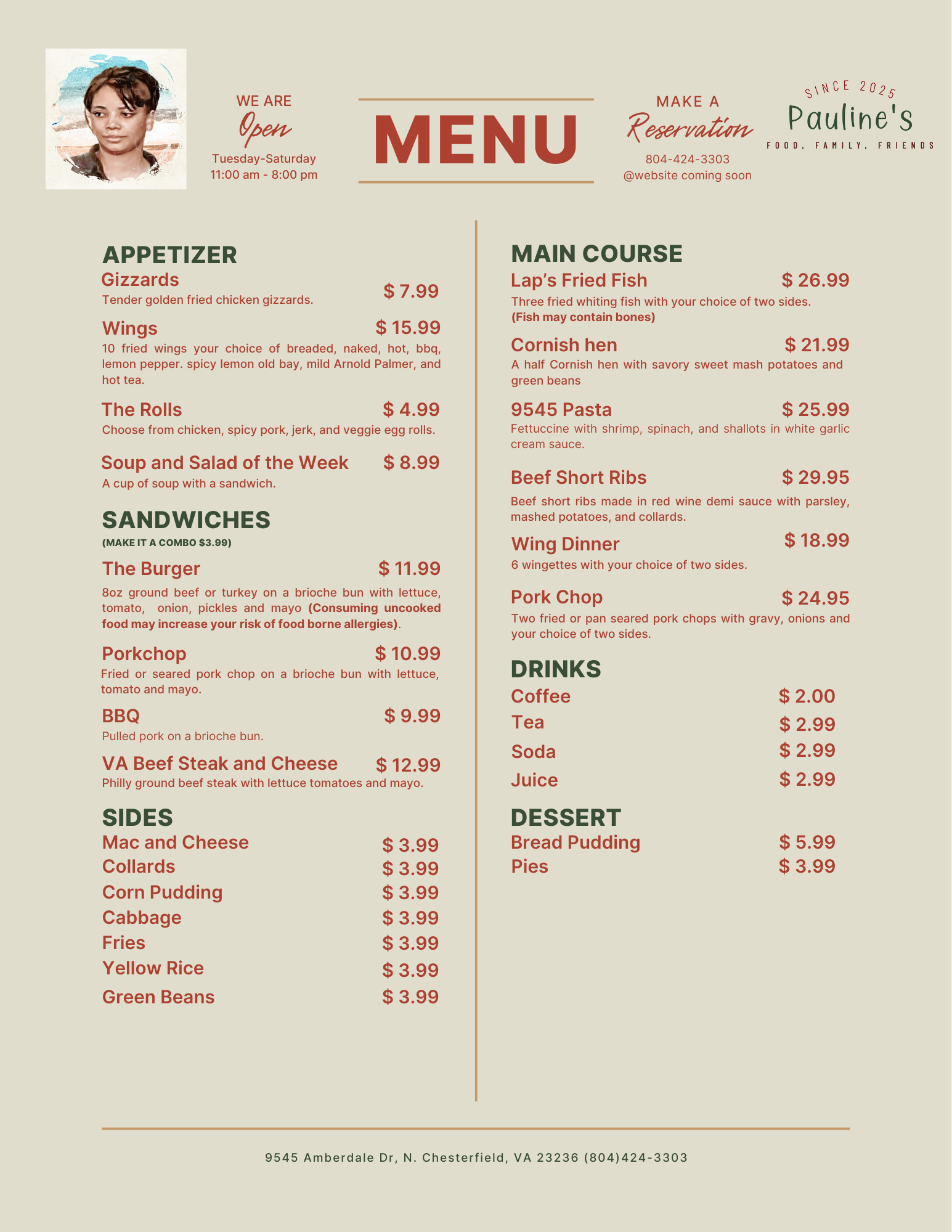 Pauline's Menu