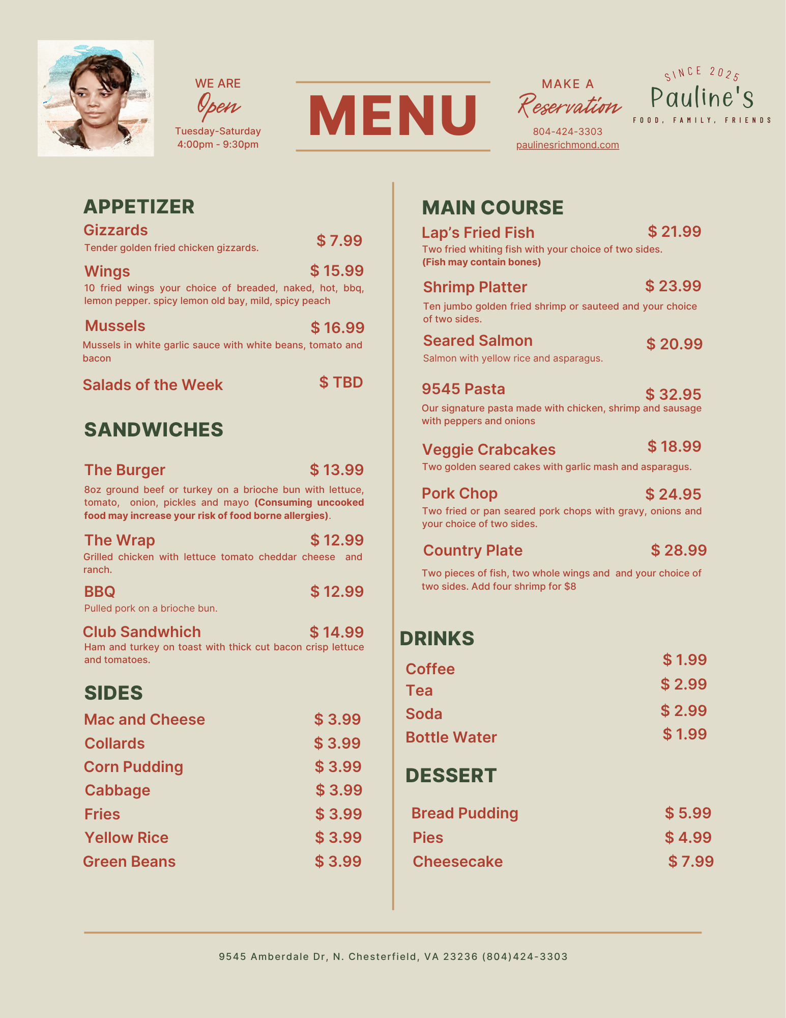 Pauline's Menu